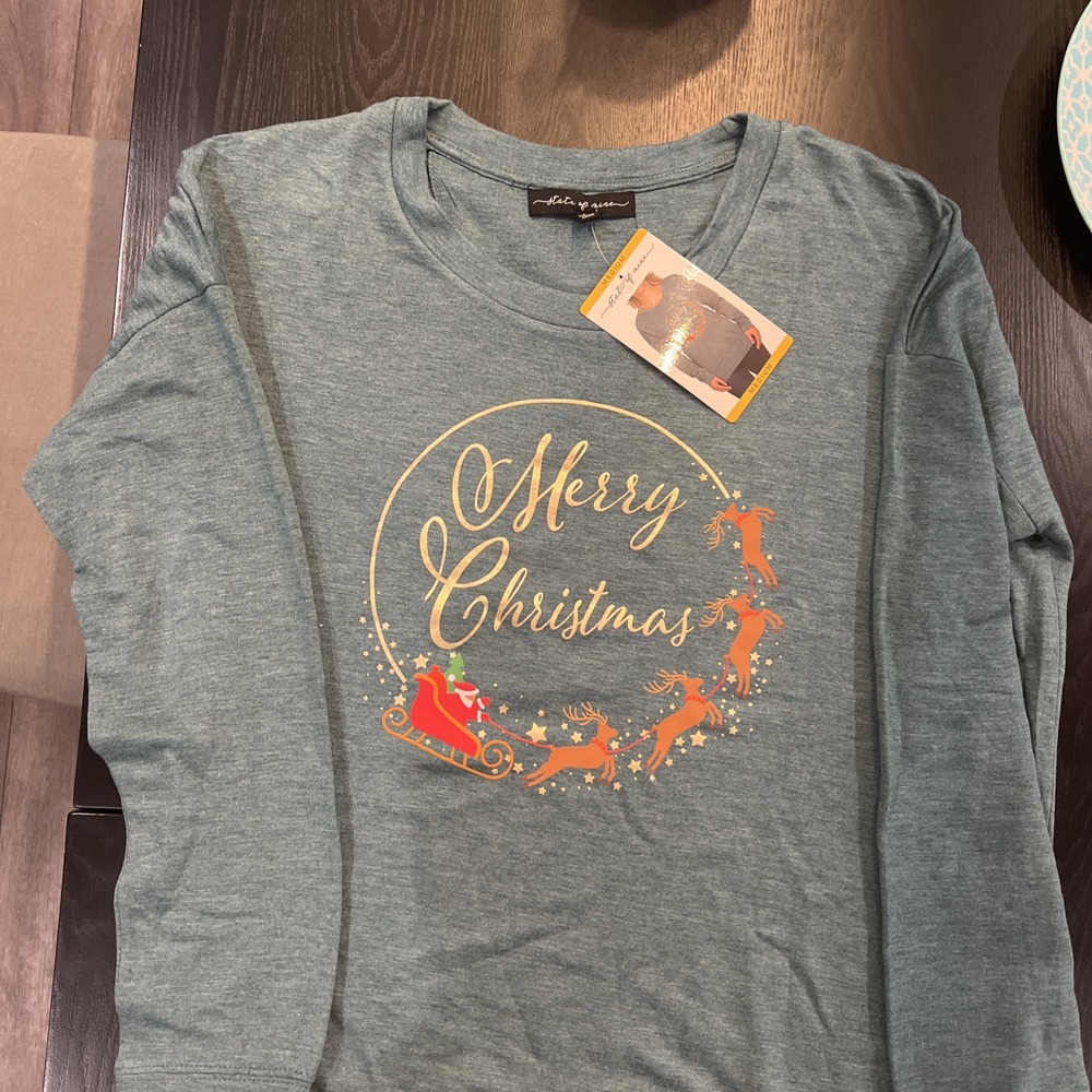 State of Mine Sweatshirt Womens M Holiday Santa Reindeer Metallic Soft Pullover